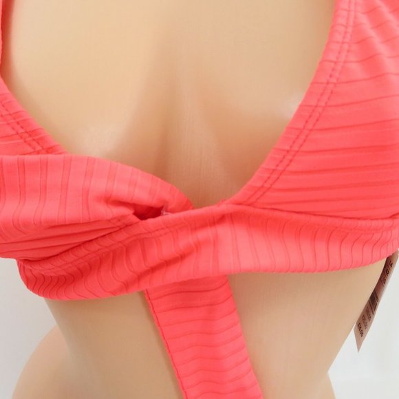 TOPSHOP Bikini Top Size 10 Womens Ribbed in Neon Pink Faux Tie Front - Picture 5 of 9